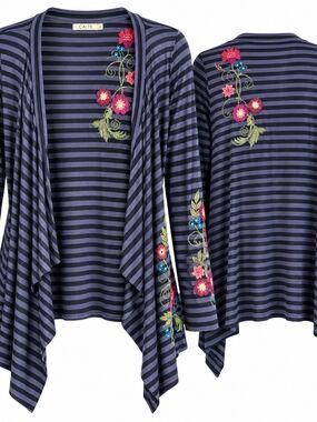 CAITE Size S Boho Cottagecore Artsy Embroidered Striped Draped Top